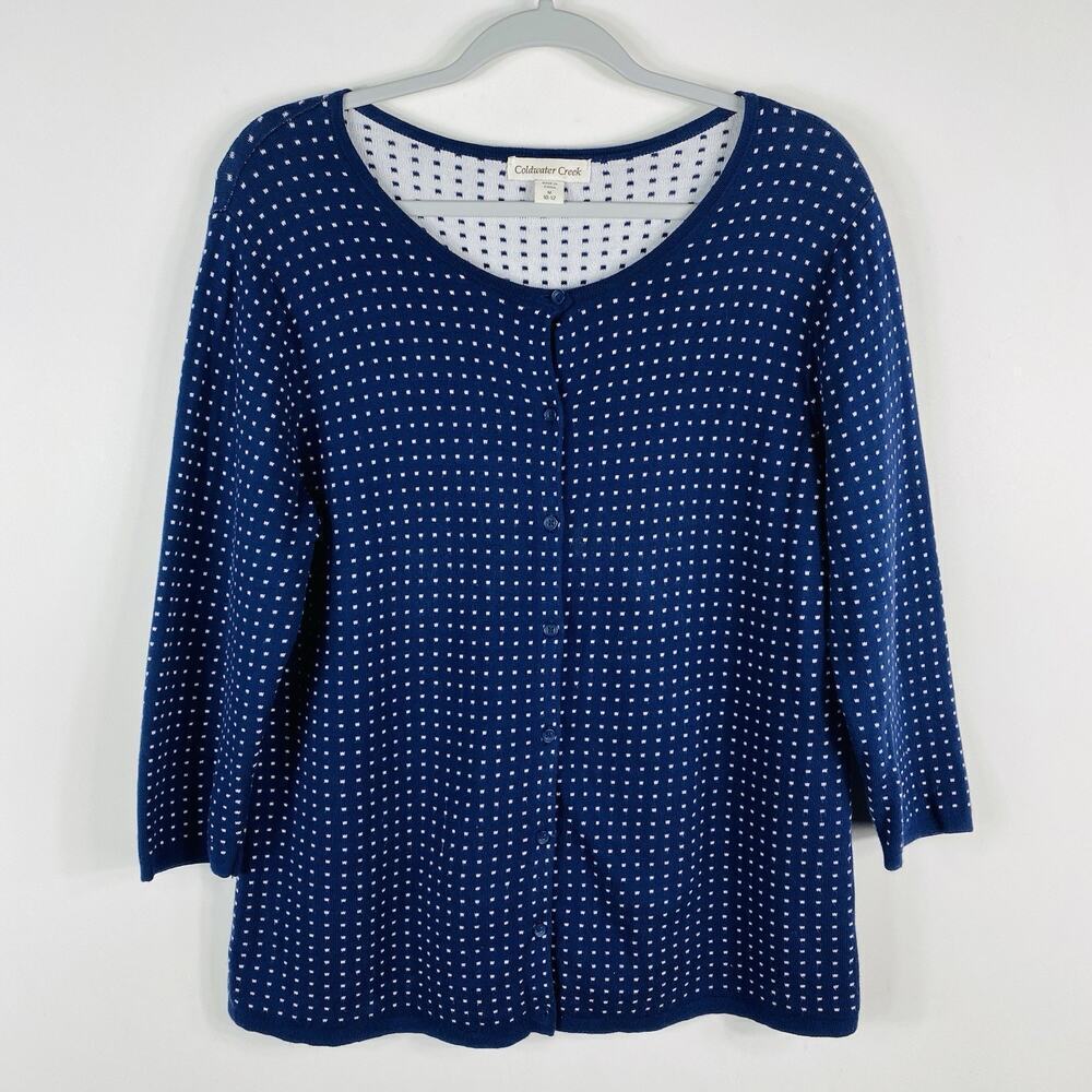 Coldwater Creek Cardigan Sweater Medium Navy Blue Polka Dot 3/4 Sleeve Cotton
